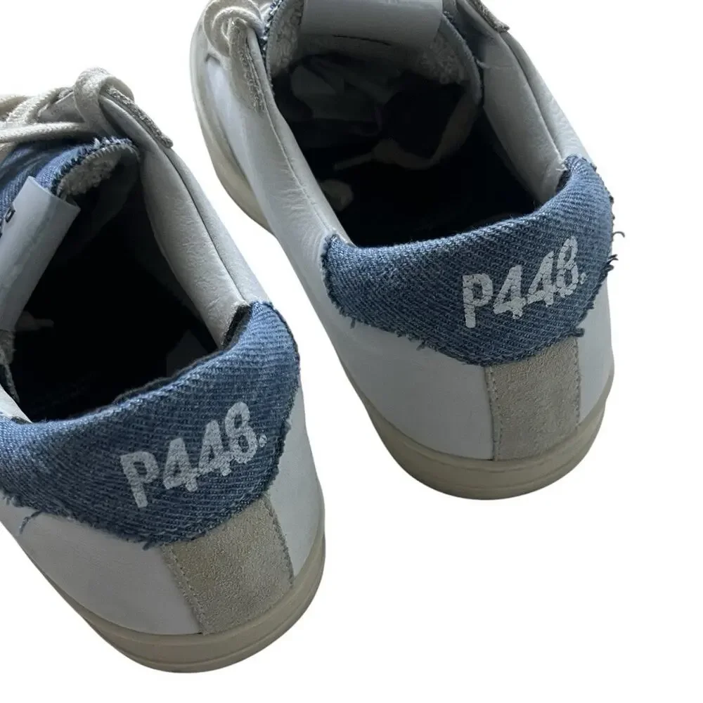 P448 John Denim Lace up Low Top Sneakers Women's White/Blue Round Toe Sz 38